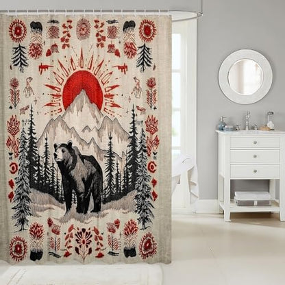 Lodge Cabin Bear Shower Curtain for Bathroom Decor Country Rustic Bath Curtain for Stalls Bathtubs Western Boho Bathroom Accessories Botanical Floral Waterproof Polyester Fabric with 12 Hooks 72"x72"