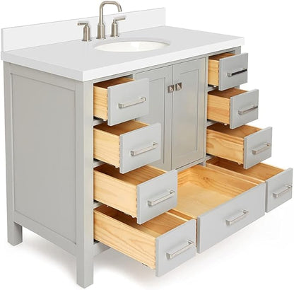 ARIEL Cambridge 42-inch Bathroom Vanity with Sink,Solid Wood, 1.5-inch Pure White Quartz Countertop & Backsplash, Single Oval Porcelain Sink, 2 Soft Closing Doors, 9 Dovetail Drawers, Grey