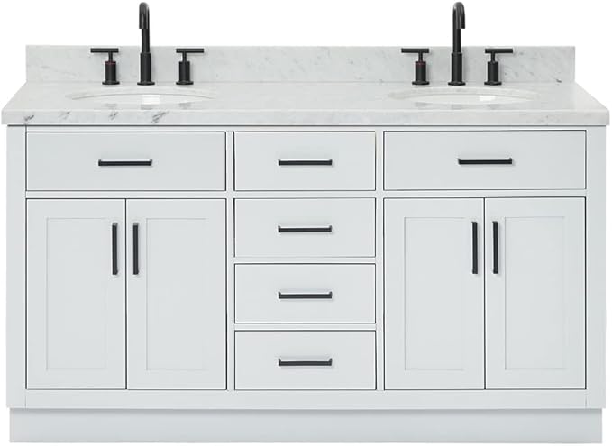 ARIEL Hepburn 60-inch Bathroom Vanity with Sink,Solid Wood, 1.5-inch Italian Carrara Marble Countertop & Backsplash, Double Oval Porcelain Sink, 4 Soft Closing Doors, 6 Dovetail Drawers, Grey