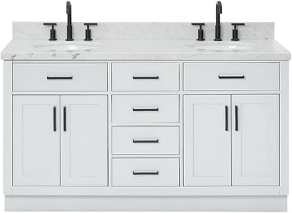ARIEL Hepburn 60-inch Bathroom Vanity with Sink,Solid Wood, 1.5-inch Italian Carrara Marble Countertop & Backsplash, Double Oval Porcelain Sink, 4 Soft Closing Doors, 6 Dovetail Drawers, Grey