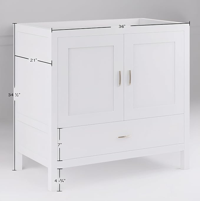 36" White Bathroom Vanity Base Only – Freestanding Solid Wood Sink Cabinet with Bottom Drawer, Shaker Style Storage, No Top or Sink, 36" W x 21" D x 34.5" H