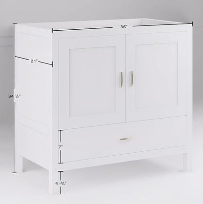 36" White Bathroom Vanity Base Only – Freestanding Solid Wood Sink Cabinet with Bottom Drawer, Shaker Style Storage, No Top or Sink, 36" W x 21" D x 34.5" H