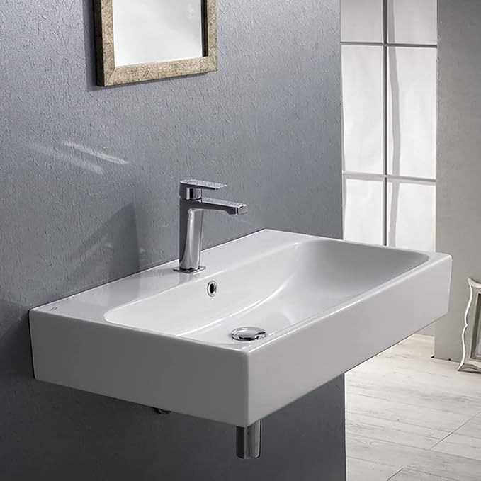 CeraStyle Pinto Rectangular Ceramic Wall Mounted/Vessel One Hole Bathroom Sink, White (080000-U)