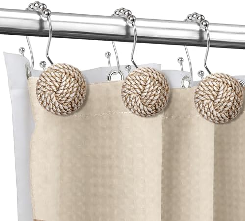 Sunlit Boho Knots Double Shower Curtain Hooks, Home Decorative Shower Curtain Rings for Bathroom, Seaside Nautical Shower Curtain Hangers Bathroom Accessories, Set of 12