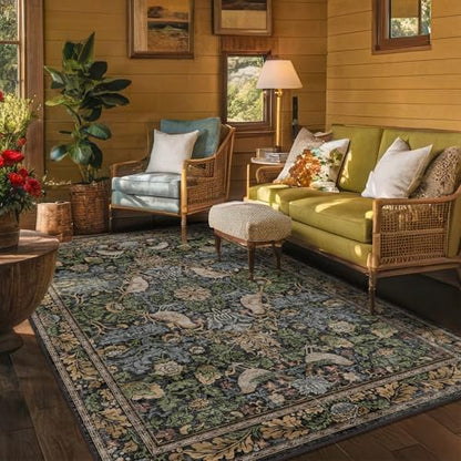 Hazo Haus Boho Living Room Rug 5x8 - Dark Green Rugs 5x8 for Bedroom, Dining Room, Office with Vintage Forest Farmhouse Botanical & Bird Design, Non Slip Stain Resistant Low Pile - Brown