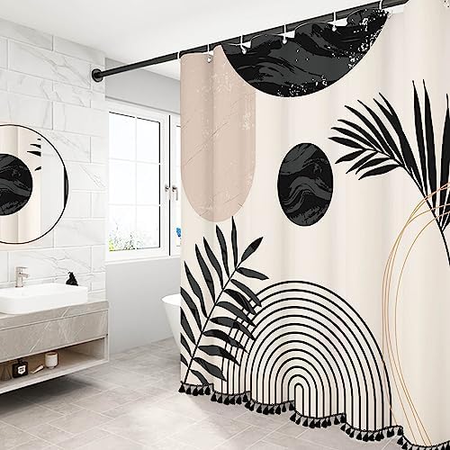 Boho Mid Century Leaf Shower Curtain Set,Arch Sun Design,Minimalistic Leaves Pattern,Waterproof and Luxurious Fabric-12 Hooks(Black and White-60" x 72")