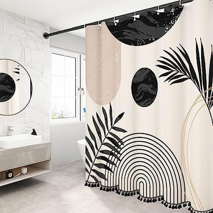 Boho Mid Century Leaf Shower Curtain Set,Arch Sun Design,Minimalistic Leaves Pattern,Waterproof and Luxurious Fabric-12 Hooks(Black and White-60" x 72")