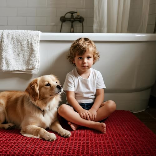 Triohero Waffle Bath Mat, Small Boho Bathroom Rugs Non Slip 16x24 Burgundy