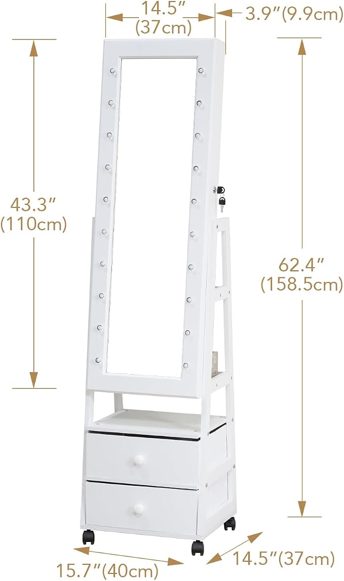 Jewelry Armoire Cabinet Organizer Standing with 20 LED Lights | Lockable Full Length Mirror with Storage Shelves and 2 Drawers (White) Adjustable Tilt Angles Gift for Her