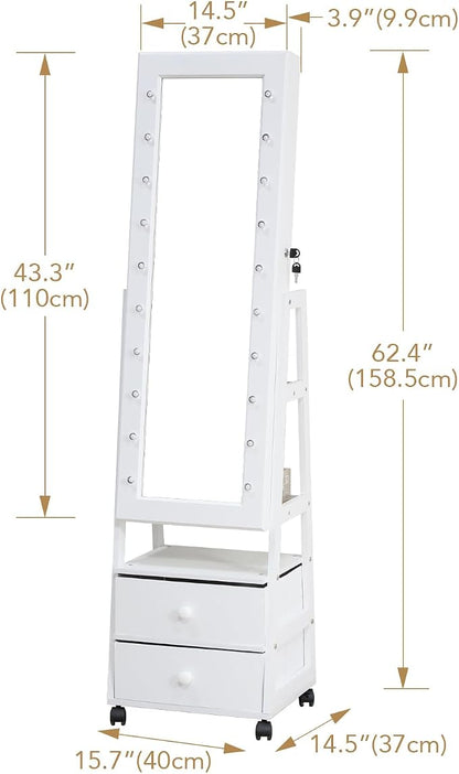 Jewelry Armoire Cabinet Organizer Standing with 20 LED Lights | Lockable Full Length Mirror with Storage Shelves and 2 Drawers (White) Adjustable Tilt Angles Gift for Her