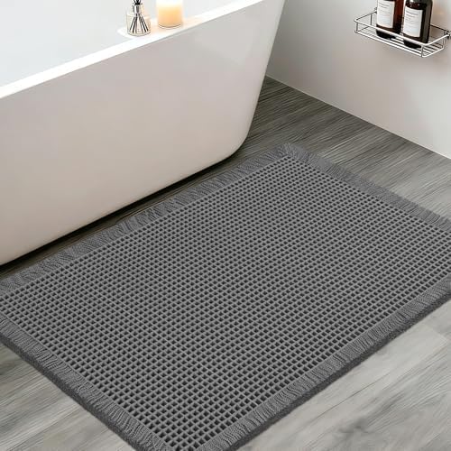 ACCUMTEK Upgraded Waffle Bath Mat, 36"x24" Grey, Super Absorbent Non-Slip Quick Dry Bathroom Rugs with Tassels, Machine Washable Ultra Soft Boho Bath Rugs for Floor, Toilet Mats Boho Farmhouse Decor