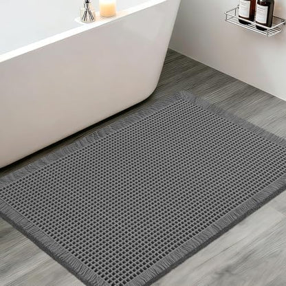 ACCUMTEK Upgraded Waffle Bath Mat, 36"x24" Grey, Super Absorbent Non-Slip Quick Dry Bathroom Rugs with Tassels, Machine Washable Ultra Soft Boho Bath Rugs for Floor, Toilet Mats Boho Farmhouse Decor