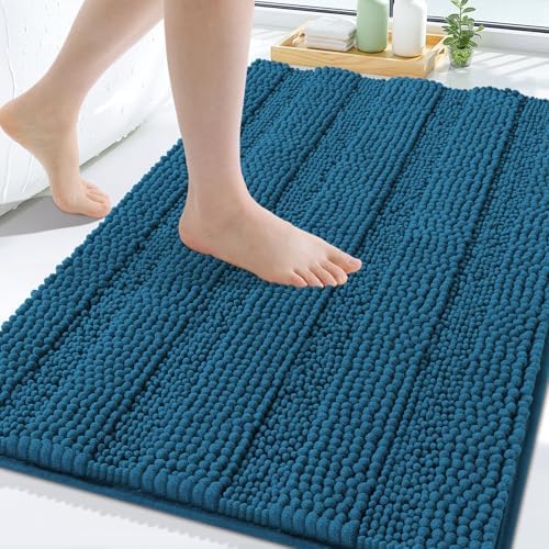 Grandaily Chenille Striped Bathroom Rugs 30x20, Extra Thick and Absorbent Bath Mats, Non-Slip Soft Plush Shaggy Shower Carpet, Machine Wash Dry, Bath Rug for Bathroom, (Medium, Peacock Blue)