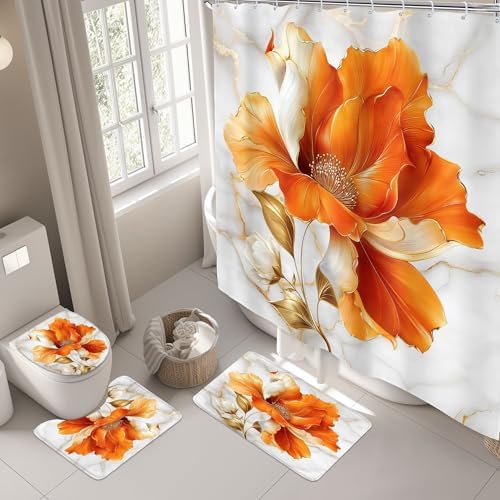 Burnt Orange Modern Floral Fall 4Pcs Bathroom Shower Curtain Set with Rugs