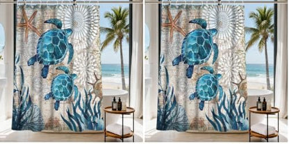 Nautical Green Sea Turtles Beach Theme Fabric Shower Curtain Sets Bathroom Blue Ocean Decor with Grommets and Hooks - 72 x 72 Inch Teal (Pack of 2)