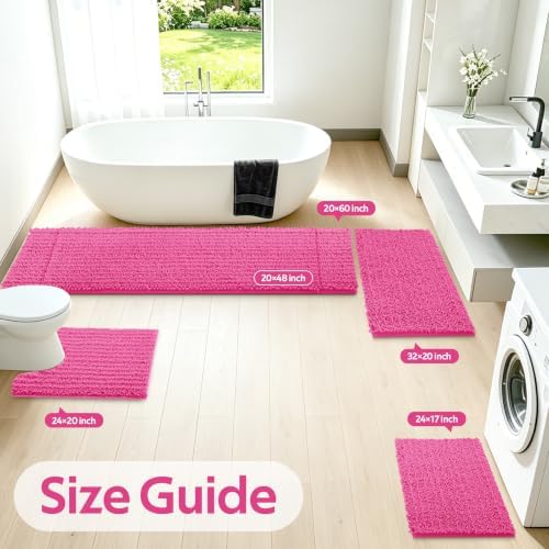 ACCUMTEK Upgrade Extra Large Shiny Pink Bathroom Rug Set 3 Pieces Ultra Soft, Thick Absorbent Bath Mats, Non Slip Chenille Toilet Mat for Bathroom, Bedroom, Kitchen