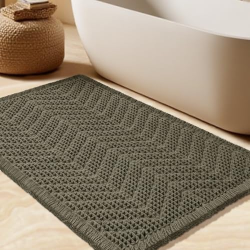 Upgrade Waffle Bath Mat, 32"x20" Greyish Green, Boho Bathroom Rug Absorbent Non Slip, Ultra Soft Bathroom Mat, Machine Washable Knit Bath Rugs with Herringbones for Bathroom, Bedroom, Kitchen, Shower