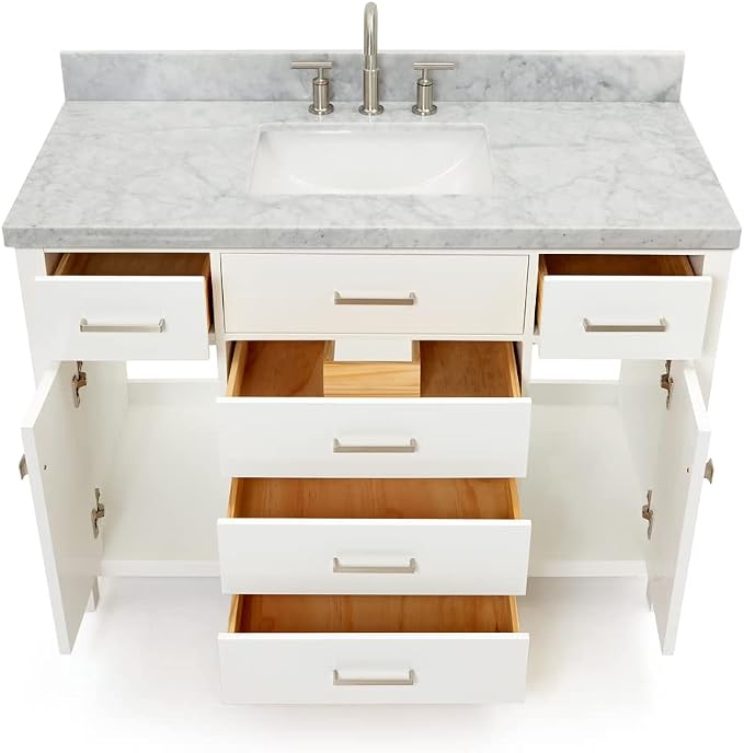 Alenza 48" White Bathroom Vanity with Sink, 1.5" Edge Italian Carrara Marble Countertop, Rectangular Undermount Sink, 2 Soft Closing Doors, 5 Dovetail Drawers