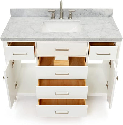 Alenza 48" White Bathroom Vanity with Sink, 1.5" Edge Italian Carrara Marble Countertop, Rectangular Undermount Sink, 2 Soft Closing Doors, 5 Dovetail Drawers