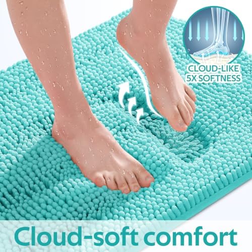 ACCUMTEK Striped Teal Green Bathroom Rug Set 3 Pieces Ultra Soft, Non Slip Chenille Toilet Mat, Absorbent Plush Shaggy Bath Mats for Bathroom, Bedroom, Kitchen, Turquoise