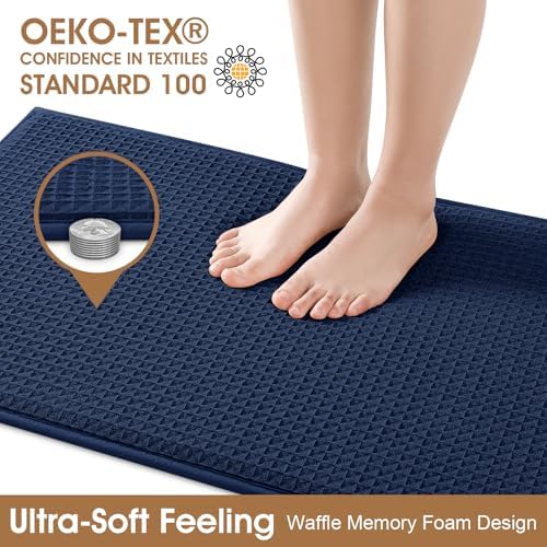 Memory Foam Bath Mat, Ultra Soft Absorbent Waffle Bathroom Rugs, Super Non-Slip PVC Backing Bath Rug Quick Dry, Machine Washable Rug for Tub, Shower, Home Decor Accessory, 60" x 24", Navy Blue