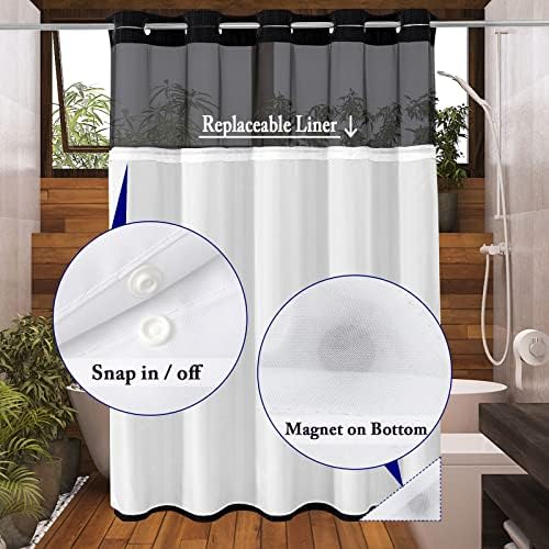 Gibelle No Hook Cloth Black Shower Curtain with Liner, 72x80