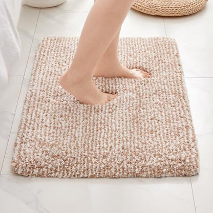 Disolla Bathroom Rug 17x24 - Non-Slip Plush Small Bath Mat, Highly Absorbent & Ultra Soft Fluffy Floor Mat, Machine Washable for Shower and Tub, Beige & White