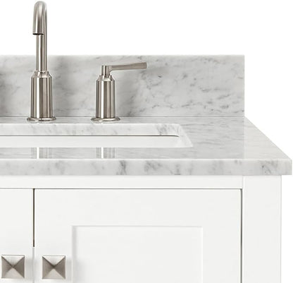 ARIEL Cambridge 36-inch Bathroom Vanity with Sink,Solid Wood, 0.75-inch Italian Carrara Marble Countertop, Single Rectangular Porcelain Sink, 2 Soft Closing Doors, 5 Dovetail Drawers, White