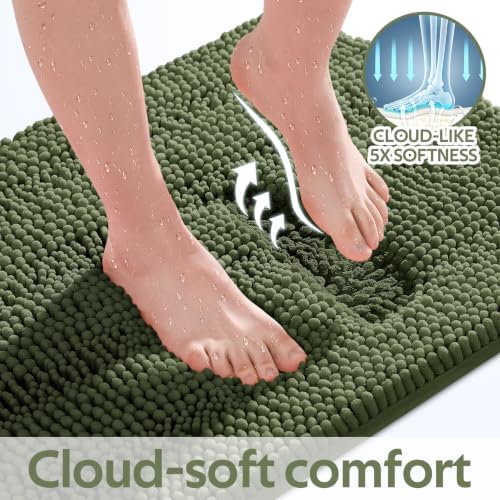 Christmas Striped Olive Green Bathroom Rug Mat Set 2 piece 32"x20"+24"x17" Ultra Soft, Non Slip Chenille Bath Rugs, Absorbent Plush Shaggy Bath Mats for Bathroom, Bedroom, Kitchen, Shower, Tub