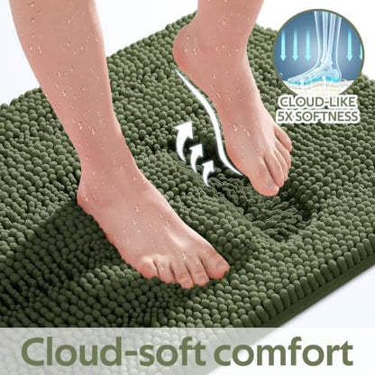 Christmas Striped Olive Green Bathroom Rug Mat Set 2 piece 32"x20"+24"x17" Ultra Soft, Non Slip Chenille Bath Rugs, Absorbent Plush Shaggy Bath Mats for Bathroom, Bedroom, Kitchen, Shower, Tub