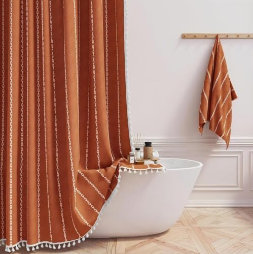 BTTN 60 x 84 Boho Linen Heavy Duty Cloth Shower Curtain Set, Burnt Orange