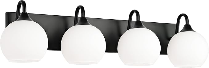 Emak 29 Inch Black Vanity Lights with Milk Glass Shade, 4-Light Bathroom Light Fixtures Over Mirror, Modern Farmhouse Globe Wall Sconces for Bathroom, Mirror, VL118-BK-ML-4