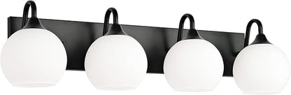 Emak 29 Inch Black Vanity Lights with Milk Glass Shade, 4-Light Bathroom Light Fixtures Over Mirror, Modern Farmhouse Globe Wall Sconces for Bathroom, Mirror, VL118-BK-ML-4