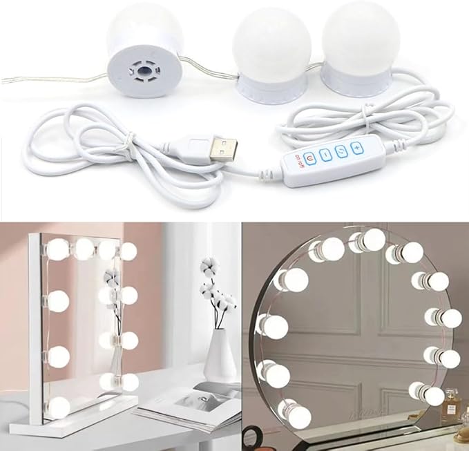 LED Vanity Lights for Mirror, Hollywood Style, 8 Lights | 10 Dimmable Bulbs, Adjustable Color & Brightness, USB Cable, Stick on for Makeup Table Dressing Room