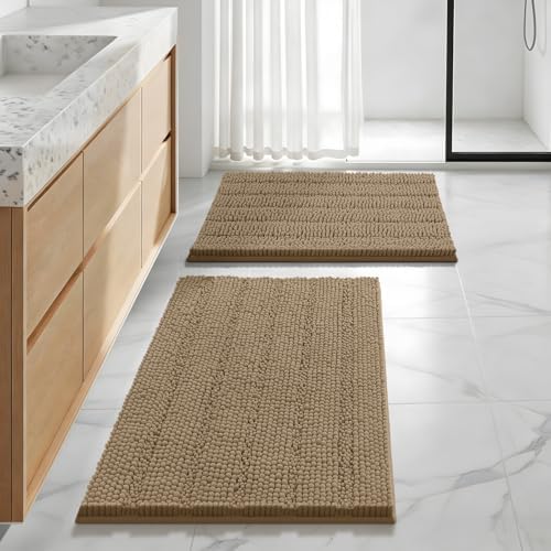 Bcoimo Bath Rug Mat Sets, 2 Piece Extra Soft Chenille Tan Batroomh Mat Set