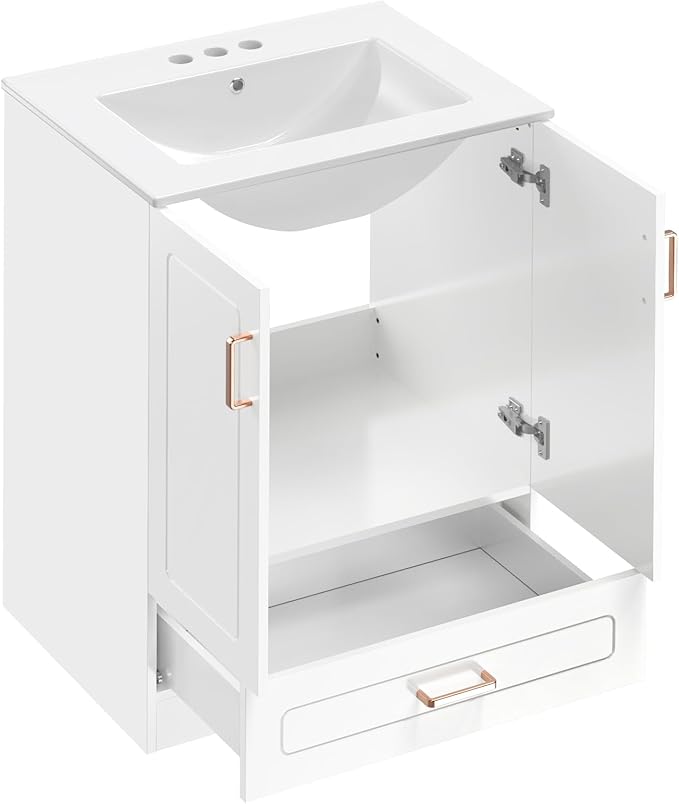 Sweetcrispy 24" Modern Bathroom Vanity with Ceramic Basin, Undermount Vanity Sink Cabinet with 2 Doors and 1 Drawer, Free Standing Bathroom Storage Cabinet with Sink Combo Set, Ivory