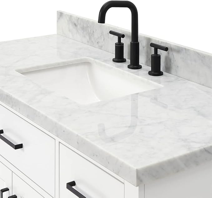 Isabella 48-Inch Bathroom Vanity with Sink — White Single Sink Bathroom Vanity, 1.5" Edge Italian Carrara Marble Top, Solid Wood, 2 Soft-Close Doors, 8 Dovetail Drawers + Tilt Drawer
