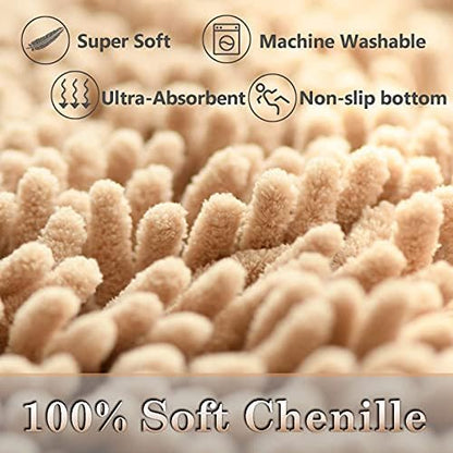 RUN HELIX Beige Bathroom Rug Mat Set, Extra Thick and Absorbent Bath Rugs, Non-Slip, Chenille Soft Plush Shaggy, Washable, for Bathroom, Bedroom, 24x16+20x32 Inch