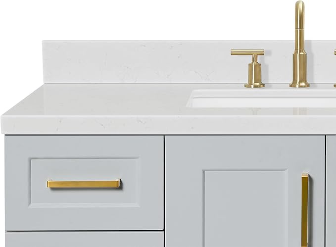 Emilia 48-Inch Bathroom Vanity with Sink — Grey Single Sink Bathroom Vanity, 1.5" Edge Carrara Quartz Countertop, Solid Wood, 2 Soft Closing Doors, 9 Dovetail Drawers