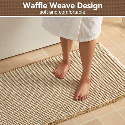 Triohero Waffle Runner Rug Bathroom, Long Boho Bath Mat 24x60 Khaki & White