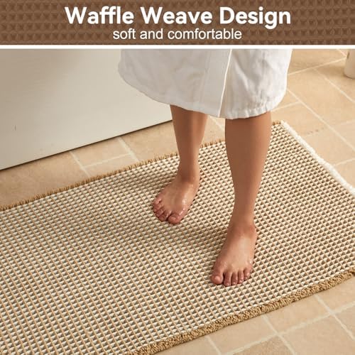 Triohero Waffle Runner Rug Bathroom, Long Boho Bath Mat 24x72 Khaki & White