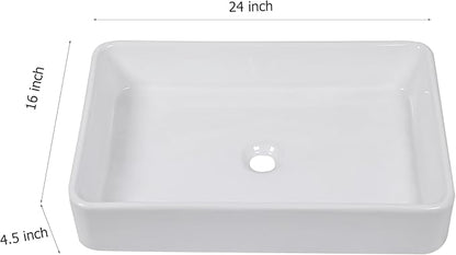 Mocoloo Rectangle Vessel Sink Above Counter 24"X16" Bathroom Sink Countertop White Porcelain Ceramic Lavatory Vanity Sink Basin