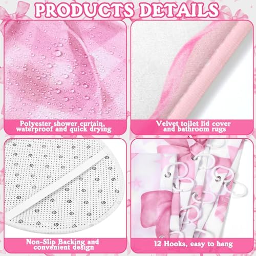 FuWeave 8 Pcs Pink Shower Curtain Sets for Bathroom Decor Cute Coquette Bathroom Accessories Bow Knot Aesthetic Girly Shower Curtain Sets with Towels Carpet Bath Mat Toilet Rugs and 12 Hooks
