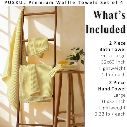 PÜSKÜL Natural 100% Turkish Cotton Waffle Towels Set of 4-Piece, L.-Yellow