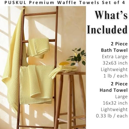 PÜSKÜL Natural 100% Turkish Cotton Waffle Towels Set of 4-Piece, L.-Yellow