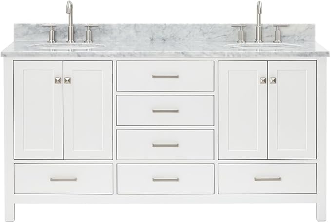 ARIEL Cambridge 66-inch Bathroom Vanity with Sink,Solid Wood, 0.75-inch Italian Carrara Marble Countertop & Backsplash, Double Oval Porcelain Sink, 4 Soft Closing Doors, 6 Dovetail Drawers, White