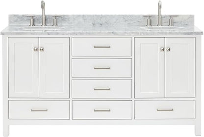 ARIEL Cambridge 66-inch Bathroom Vanity with Sink,Solid Wood, 0.75-inch Italian Carrara Marble Countertop & Backsplash, Double Oval Porcelain Sink, 4 Soft Closing Doors, 6 Dovetail Drawers, White