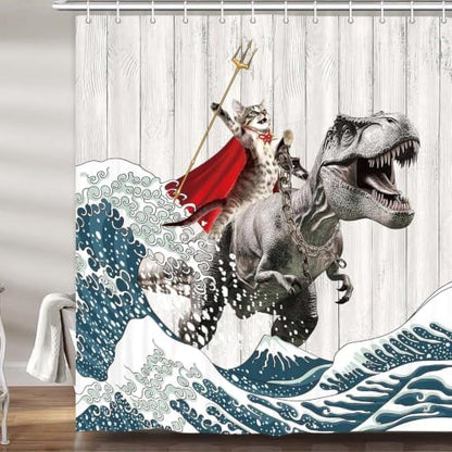 Funny Cat Shower Curtain Riding Hilarious Dinosaur Surfing Cool Japan Anime Shower Curtain Funny Japanese Cat for Boys Men Waterproof Polyester Fabric Bathroom Bathtub 72Wx72H Inch