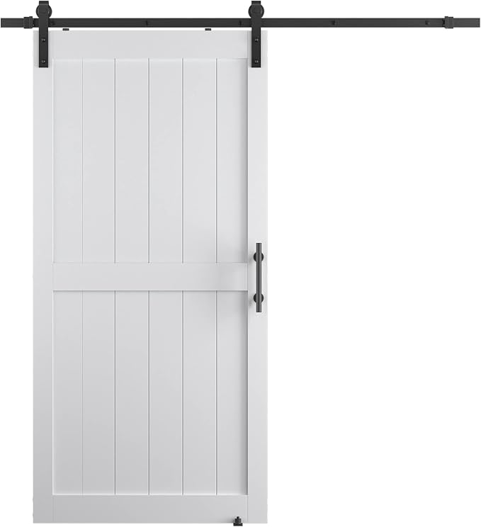 40''x84'' Sliding Barn Door with 7 Ft Barn Door Hardware Kit | Pre-Drilled Holes Easy Assembly - Include Installation Manual, Water-Proof PVC Surface, H-Frame, White