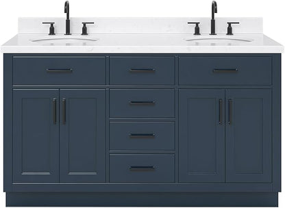 ARIEL Hepburn 72-inch Bathroom Vanity with Sink,Solid Wood, 1.5-inch Carrara White Quartz Countertop, Double Oval Porcelain Sink, 4 Soft Closing Doors, 6 Dovetail Drawers, Midnight Blue